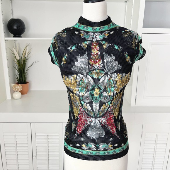 Carina Tops - Vintage Carina Women's Floral Print Beaded Crinkle Popcorn Top Size S/M